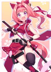 Rule 34 | 1girl, absurdres, animal ears, belt, bike shorts, blush, drawing sword, freely2327, haru urara (umamusume), headband, highres, holding, holding sword, holding weapon, horse ears, horse girl, horse tail, katana, looking at viewer, midriff, navel, open mouth, petals, pink eyes, pink hair, simple background, solo, sword, tail, thighhighs, umamusume, weapon