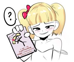 Rule 34 | 1girl, 4chan, ?, black eyes, blonde hair, blush, bow, drawfag, female focus, hair bow, holding, looking at viewer, meme, pedophile, pomf, red bow, smile, smug, solo, stick-chan, stick figure, strap slip, upper body