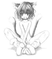 Rule 34 | 1girl, animal ears, cat ears, cat girl, cat tail, chen, child, earrings, fang, fangs, female focus, greyscale, jewelry, kurona, looking at viewer, monochrome, multiple tails, no headwear, nude, open mouth, short hair, simple background, single earring, sitting, smile, solo, tail, touhou, v arms, white background