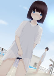 Rule 34 | 1girl, arm behind back, backlighting, blue eyes, blue one-piece swimsuit, blue sky, blush, brown hair, closed mouth, clothes lift, cloud, collarbone, day, embarrassed, female focus, fence, flat chest, highres, kanekan, lifted by self, long shirt, looking to the side, nervous, nose blush, one-piece swimsuit, original, outdoors, pee, peeing, peeing self, people, poolside, see-through, shirt, shirt lift, short hair, short sleeves, sidelocks, sky, solo focus, split mouth, straight-on, sweat, swimsuit, swimsuit under clothes, white shirt, wide-eyed