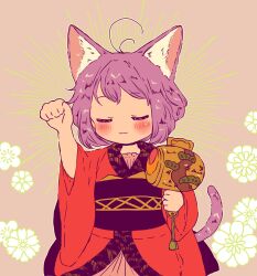 Rule 34 | 1girl, ahoge, animal ears, antenna hair, blush, brown background, cat ears, cat tail, clenched hand, closed eyes, closed mouth, commentary request, facing viewer, highres, japanese clothes, kimono, maneki-neko, miracle mallet, purple hair, red kimono, rin tarou, sash, short hair, simple background, solo, sukuna shinmyoumaru, tail, touhou