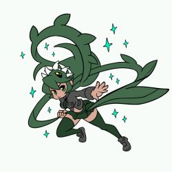 Rule 34 | 1girl, alex ahad, angry, breast pocket, breasts, chibi, clone, dark-skinned female, dark persona, dark skin, extra mouth, female focus, fighting stance, flat color, fukua (skullgirls), green eyes, green hair, green thighhighs, highres, impossible clothes, impossible shirt, loafers, long hair, looking at viewer, matching hair/eyes, miniskirt, necktie, official art, parasite, pocket, prehensile hair, school uniform, shamone (skullgirls), sharp teeth, shirt, shoes, simple background, skirt, skullgirls, solo, sparkle, teeth, thick thighs, thighhighs, thighs, very long hair, white background, wrist cuffs, zettai ryouiki