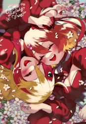 Rule 34 | 2girls, ^ ^, absurdres, blonde hair, blush, breasts, character name, cleavage, cleavage cutout, closed eyes, clothing cutout, colored tips, dress, flower, freyja wion, hair ornament, hand on another&#039;s head, happy birthday, heart, heart hair ornament, highres, lying, macross, macross delta, macross delta: zettai live!!!!!!, medium breasts, multicolored hair, multiple girls, nail polish, open mouth, orange hair, red dress, red hair, red nails, rotational symmetry, sechi (stst1850), smile, streaked hair, white flower, yami freyja