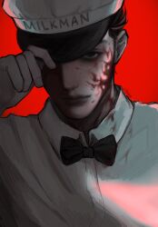 Rule 34 | 1boy, adjusting clothes, adjusting headwear, arm up, black bow, black bowtie, black eyes, black hair, blood, blood on clothes, blood on face, bow, bowtie, closed mouth, collared shirt, commentary, empty eyes, english commentary, francis mosses, grey hat, grey shirt, hat, highres, light smile, looking at viewer, male focus, milkman, one eye covered, poofart, red background, red pupils, shirt, short hair, solo, that&#039;s not my neighbor, uniform, upper body, very short hair