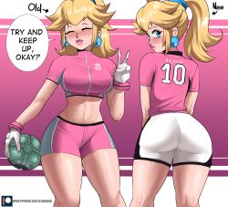 Rule 34 | 1girl, absurdres, ass, ass focus, blonde hair, blue eyes, blush, breasts, earrings, echo saber, english text, from behind, gloves, highres, huge ass, jewelry, large breasts, long hair, looking at viewer, looking back, mario (series), mario strikers: battle league, nintendo, ponytail, princess peach, shiny clothes, shiny skin, short shorts, shorts, smile, soccer, soccer uniform, solo, sphere earrings, sportswear, strikers peach, super mario strikers, thick thighs, thighs