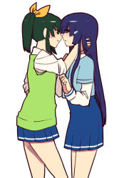 Rule 34 | 10s, 2girls, aoki reika, bad id, bad pixiv id, blue eyes, blue hair, blush, couple, eye contact, green eyes, green hair, highres, holding head, imminent kiss, long hair, looking at another, midorikawa nao, multiple girls, ponytail, precure, profile, school uniform, simple background, sleeves rolled up, smile precure!, standing, white background, yomosaka, yuri
