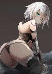 Rule 34 | 1girl, ass, bad id, bad pixiv id, bandaged arm, bandages, bare shoulders, belt, black background, black gloves, black panties, black thighhighs, fate/apocrypha, fate (series), gloves, green eyes, highres, jack the ripper (fate/apocrypha), looking at viewer, looking back, lowleg, lowleg panties, miyabino (miyabi1616), panties, scar, short hair, simple background, sitting, sketch, solo, thighhighs, underwear, white hair