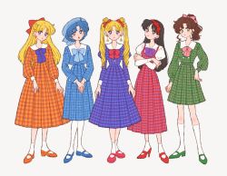 Rule 34 | 5girls, :o, aino minako, alternate costume, bishoujo senshi sailor moon, black hair, blonde hair, blue bow, blue dress, blue eyes, blue footwear, blue hair, blue headwear, bow, bowtie, brown hair, collar, crescent, crescent earrings, crossed arms, dress, drill hair, earrings, flat color, full body, gold earrings, green dress, green eyes, green footwear, green skirt, hair bow, hair ribbon, hairband, hand on own hip, headwear request, high ponytail, hino rei, jewelry, juliet sleeves, kino makoto, long hair, long sleeves, looking at another, makeup, mizuno ami, multiple girls, orange dress, orange footwear, own hands together, parted bangs, parted lips, pinafore dress, pink bow, pink footwear, pink ribbon, plaid, plaid dress, plaid skirt, pleated dress, pleated skirt, ponytail, puffy long sleeves, puffy sleeves, purple bow, purple dress, purple eyes, red bow, red dress, red footwear, red hairband, red lips, retro artstyle, ribbon, rikuwo, sailor collar, sailor dress, sailor moon, shirt, short hair, simple background, skirt, sleeve cuffs, sleeveless dress, socks, standing, tsukino usagi, twin drills, twintails, two-tone dress, white background, white collar, white sailor collar, white shirt, white socks