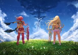 Rule 34 | 2girls, absurdres, aegis sword (xenoblade), backless dress, backless outfit, blonde hair, blue sky, bob cut, breasts, deliciousbrain, dress, fingerless gloves, from behind, gloves, grass, highres, large breasts, long hair, multiple girls, mythra (xenoblade), planted, planted sword, planted weapon, pyra (xenoblade), red hair, red shorts, red thighhighs, shorts, signature, sky, sword, thigh strap, thighhighs, weapon, white gloves, wind, xenoblade chronicles (series), xenoblade chronicles 2