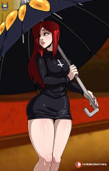 Rule 34 | 1girl, absurdres, breasts, cowboy shot, hair over one eye, half-closed eyes, highres, holding, holding umbrella, holding weapon, krieg (skullgirls), kyoffie, large breasts, long hair, looking to the side, parasoul (skullgirls), red eyes, skindentation, skirt, skullgirls, solo, sweater, turtleneck, turtleneck sweater, umbrella, weapon, yellow eyes