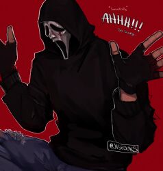 Rule 34 | 1boy, black gloves, black hoodie, blood, blood on clothes, blood on hands, blood on mask, colored skin, cowboy shot, denim, english text, fingerless gloves, from side, ghost mask, ghostface, gloves, hands up, highres, hood, hood up, hoodie, jeans, jispooks, long sleeves, male focus, mask, mask on head, pants, red background, scream (movie), sitting, solo, torn clothes, torn jeans, torn pants, upper body, white skin