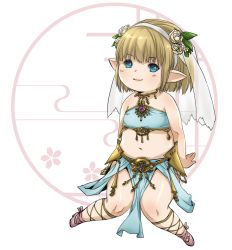 Rule 34 | 10s, 1girl, arm support, arms behind back, bandeau, bare shoulders, blue eyes, brown hair, final fantasy, final fantasy xiv, flat chest, flower, hair flower, hair ornament, hairband, harem outfit, heartilly, knees together feet apart, lalafell, leaning back, legs, midriff, navel, pointy ears, shoes, short hair, sitting, skirt, smile, solo, thigh strap, warrior of light (ff14)