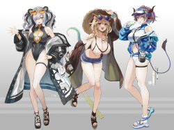 Rule 34 | 3girls, ;), ;p, adapted costume, animal ear fluff, animal ears, arknights, bare shoulders, bear ears, bikini, black hair, black leotard, blonde hair, blue jacket, braid, breasts, cleavage, cleavage cutout, clothing cutout, coat, covered navel, cow tail, denim, denim shorts, eyewear on head, fang, feater (arknights), full body, gradient background, grey background, grey hair, hair between eyes, hair ornament, hand on headwear, hat, highres, horns, jacket, large breasts, leotard, long hair, long sleeves, looking at viewer, multicolored hair, multiple girls, navel, off shoulder, official alternate costume, one eye closed, open clothes, open coat, panda ears, pink eyes, purple eyes, purple hair, short hair, short shorts, shorts, sideroca (arknights), sideroca (light breeze) (arknights), skin fang, skindentation, smile, standing, stomach, streaked hair, striped bikini, striped clothes, sunglasses, swimsuit, tail, takechi akinobu, thigh strap, thighs, tongue, tongue out, twintails, utage (arknights), utage (summer flowers) (arknights), white hair