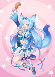 Rule 34 | 1girl, :d, animal ears, aura kingdom, ayako (aura kingdom), bare shoulders, bell, blue dress, blue eyes, blue hair, collar, cross-laced footwear, detached sleeves, dress, eating, fang, fenrir (aura kingdom), food, frilled skirt, frills, from side, gradient background, hair ribbon, highres, jumping, long hair, looking at viewer, md5 mismatch, meat, neck bell, open mouth, ribbon, skirt, smile, star (symbol), tail, two side up, wolf ears, wolf tail, yellowpaint.