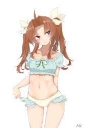 Rule 34 | 1girl, absurdres, alternate costume, blush, breasts, brown hair, closed mouth, frills, green ribbon, hair ribbon, highres, kagerou (kancolle), kagerou kai ni (kancolle), kantai collection, medium breasts, navel, neve (morris-minicooper), purple eyes, ribbon, simple background, smile, solo, swimsuit, twintails, white background, white ribbon