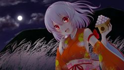 Rule 34 | 1girl, :d, arm ribbon, backlighting, bare shoulders, blush, cloud, cloudy sky, commentary request, dango, dark, detached sleeves, food, full moon, hair between eyes, hand up, holding, holding food, japanese clothes, kimono, leaf print, looking at viewer, merxkialis, moon, moonlight, mountain, night, night sky, obi, open mouth, orange kimono, original, outdoors, print kimono, red eyes, red ribbon, ribbon, sash, short hair, silver hair, sky, smile, solo, susuki grass, tsukimi, upper body, wagashi, wide sleeves, wind