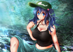 Rule 34 | 1girl, bad id, bad pixiv id, bare arms, bare shoulders, black shirt, blue eyes, blue hair, blush, breasts, cleavage, collarbone, commentary request, day, dress, green hat, hair bobbles, hair ornament, hat, jewelry, kawashiro nitori, key, large breasts, looking at viewer, navel, necklace, open mouth, outdoors, river, satoji (ochanomkmskry), shirt, short twintails, sitting, solo, sunlight, tank top, touhou, tree, twintails, two side up, water