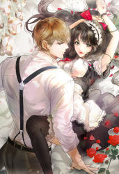 Rule 34 | 1boy, 1girl, arms up, belt, black hair, blonde hair, bow, breasts, chi5on, dress, flower, frilled thighhighs, frills, grey eyes, hair bow, hetero, highres, lipstick, long hair, looking at viewer, looking back, lying, maid, maid headdress, makeup, medium breasts, official art, on back, pants, petals, prism, red bow, red ribbon, ribbon, rose, suspenders, thighhighs, very long hair, wristband