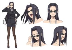 Rule 34 | 10s, 1girl, adjusting eyewear, adjusting glasses, black hair, character sheet, collarbone, concept art, cropped, facial expressions, formal, grey eyes, hair intakes, hand on own hip, high heels, jacket, long hair, looking over eyewear, looking over glasses, md5 mismatch, monster musume no iru nichijou, ms. smith, multiple views, necktie, official art, pantyhose, pencil skirt, side slit, simple background, skirt, skirt suit, smile, suit, sunglasses, tinted eyewear, white background