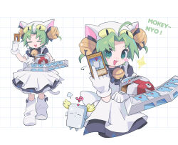 Rule 34 | 1girl, :3, :d, = =, ahoge, animal hat, apron, arrow (symbol), back bow, bell, blue eyes, blush stickers, bow, bowtie, card, cat hat, cat tail, dejiko, di gi charat, dress, duel disk, duel monster, gloves, green eyes, green hair, grid background, hair intakes, hand up, hat, highres, holding, holding card, jingle bell, kneehighs, maid apron, mokey mokey, morizo (morizoshop), multicolored eyes, neck bell, open mouth, purple bow, purple bowtie, purple dress, short hair, smile, socks, solo, sparkle, standing, tail, v-shaped eyebrows, white apron, white bow, white gloves, white hat, white socks, yu-gi-oh!