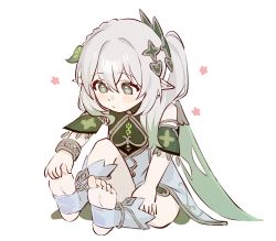 Rule 34 | 1girl, absurdres, blanchat, blush, closed mouth, commentary request, dress, feet, genshin impact, green eyes, green hair, grey hair, hair ornament, hand on own foot, hands on feet, highres, long hair, multicolored hair, nahida (genshin impact), pointy ears, ponytail, side ponytail, simple background, sitting, soles, solo, toeless legwear, toes, white background