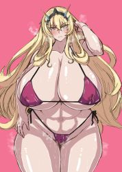 Rule 34 | 1girl, absurdres, blonde hair, breasts, cleavage, dais729sof, fairy, barghest (fate), fate/grand order, fate (series), green eyes, heterochromia, highres, huge breasts, long hair, pink background, red eyes, simple background, very long hair