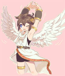 Rule 34 | 1boy, angel, angel wings, armband, armlet, blue eyes, brown hair, cowboy shot, feathered wings, kid icarus, kid icarus uprising, laurel crown, male focus, motion lines, nintendo, nopepe, one eye closed, open mouth, pink background, pit (kid icarus), simple background, solo, stretching, white wings, wings