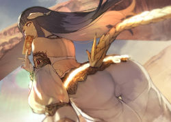 Rule 34 | 1girl, ass, au ra, back, bare shoulders, black hair, blunt bangs, card, commentary request, desert, detached sleeves, final fantasy, final fantasy xiv, hide (hideout), holding, holding card, horns, long hair, parted lips, scales, solo, sweat, tail, yellow eyes