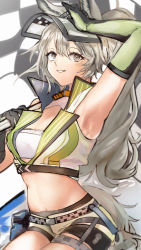 Rule 34 | 1girl, animal ears, arknights, arm up, armpits, bagpipe (arknights), bagpipe (queen no. 1) (arknights), belt, black belt, breasts, checkered flag, commentary request, elbow gloves, flag, gloves, grani (arknights), green gloves, green shorts, grey eyes, hair between eyes, high ponytail, highres, holding, holding flag, horse ears, horse girl, horse tail, long hair, looking at viewer, medium breasts, midu5, official alternate costume, parted lips, race queen, short shorts, shorts, silver hair, sitting, smile, solo, tail, two-tone gloves, visor