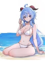 Rule 34 | 1girl, absurdres, ahoge, arm support, bare arms, bare shoulders, bikini, blue hair, breasts, commentary, ganyu (genshin impact), genshin impact, highres, horns, long hair, looking at viewer, medium breasts, mo (mo80 rr), navel, purple eyes, side-tie bikini bottom, sitting, solo, stomach, swimsuit, thighs, very long hair, white background, white bikini