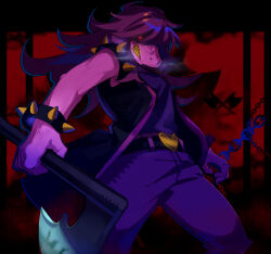 Rule 34 | 1girl, axe, belt, black border, black jacket, border, bracelet, breath, chain, clenched teeth, colored skin, deltarune, drag0nia, feet out of frame, furry, furry female, glowing, glowing eye, highres, holding, holding axe, jacket, jewelry, legs apart, long hair, looking at viewer, open mouth, outside border, pants, pink skin, purple hair, purple pants, purple shirt, red background, red eyes, shaded face, sharp teeth, shirt, sleeveless, sleeveless jacket, solo, spiked arm, spiked bracelet, spikes, standing, susie (deltarune), teeth, yellow teeth