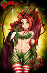 Rule 34 | 1girl, absurdres, bandeau, between breasts, bow, breasts, breasts apart, choker, christmas, colored skin, cowboy shot, fingernails, green skin, groin, heart, highres, holly, large breasts, league of legends, long fingernails, long hair, looking at viewer, merry christmas, mistletoe, monster girl, multicolored hair, nail polish, navel, open mouth, orange eyes, pitui1996, plant, plant girl, red hair, red thighhighs, ribbon, ribbon choker, self-upload, smile, solo, standing, streaked hair, striped clothes, striped thighhighs, thighhighs, thorns, toned, very long hair, vines, wearing plant, white thighhighs, wide hips, wreath, zyra