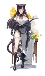 Rule 34 | 1girl, absurdres, asymmetrical legwear, boots, breasts, brown hair, cat girl, cleavage, dress, expressionless, highres, large breasts, lizchief, maid, original, simple background, solo, tail, white background, yellow eyes