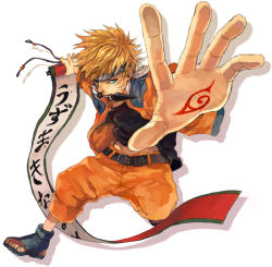 Rule 34 | 1boy, artist request, belt, blonde hair, blue eyes, character name, facial mark, forehead protector, full body, kunai, long sleeves, looking at viewer, male focus, mouth hold, naruto, naruto (series), open clothes, open shirt, painterly, scroll, shirt, simple background, solo, spikes, tattoo, text focus, uniform, uzumaki naruto, weapon, whisker markings, white background
