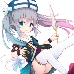 Rule 34 | 1girl, aqua eyes, bad id, bad pixiv id, beni shake, book, detached wings, hat, holding, holding book, looking at viewer, original, pleated skirt, silver hair, skirt, smile, solo, twintails, white legwear, wings