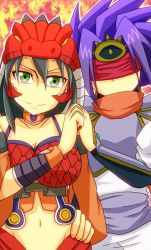 Rule 34 | 10s, armband, armor, black hair, blindfold, breasts, cardfight!! vanguard, choker, cleavage, crossover, dragon dancer monica, headband, headdress, jewelry, kagero (burstlife), knight of silence gallatin, long hair, looking at viewer, midriff, necklace, purple hair, royal paladin, scales, scarf, short hair, yellow eyes