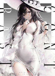 Rule 34 | 1girl, arm between breasts, artist name, bare shoulders, between breasts, black hair, blush, breasts, commentary request, covered navel, cowboy shot, dated, detached sleeves, dress, english text, gradient background, grey background, hair between eyes, haori io, highres, large breasts, lolita fashion, long hair, long sleeves, looking at viewer, original, parted lips, red eyes, solo, strapless, strapless dress, thighs, very long hair, white dress, white headwear