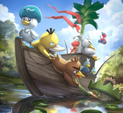 Rule 34 | &gt; &lt;, blue eyes, boat, bright pupils, closed mouth, cloud, commentary, creatures (company), day, ducklett, farfetch&#039;d, fishing rod, game freak, gen 1 pokemon, gen 2 pokemon, gen 3 pokemon, gen 5 pokemon, gen 8 pokemon, highres, lily pad, ludicolo, magby, mcgmark, nintendo, no humans, outdoors, pokemon, pokemon (creature), porygon2, psyduck, quaxly, reflection, ripples, signature, sirfetch&#039;d, sky, smile, standing, water, watercraft, white pupils