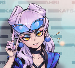 Rule 34 | 1girl, black choker, choker, collarbone, earrings, evelynn (league of legends), fake claws, grey hair, grin, hand up, jacket, jewelry, k/da all out evelynn, league of legends, long hair, multicolored clothes, multicolored jacket, notice lines, official alternate costume, open clothes, open jacket, orange eyes, phantom ix row, smile, solo, sunglasses, teeth, upper body, yellow eyes