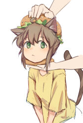 Rule 34 | 1girl, :&lt;, absurdres, animal ears, blush, bread, bread bun, brown hair, cat ears, cat girl, cat tail, food, green eyes, highres, lettuce, looking to the side, original, shirt, short hair, short sleeves, sketch, solo focus, t-shirt, tail, yi si shaozhi