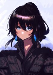Rule 34 | 1girl, bad id, bad twitter id, black eyes, black hair, black jacket, blush, bukimi isan, closed mouth, commentary request, crystal, earrings, fur, fur trim, grey background, hair between eyes, highres, jacket, jewelry, long hair, looking at viewer, original, ponytail, simple background, solo, upper body, winter clothes, zipper