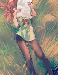 Rule 34 | 1girl, brown pantyhose, commentary request, feet out of frame, gluteal fold, grass, green shirt, hair between eyes, holding, kibadori rue, looking at viewer, lying, on back, original, pantyhose, red eyes, red hair, shirt, short sleeves, solo