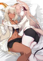 Rule 34 | 2girls, animal ear fluff, animal ears, arknights, armpit crease, ass, bare shoulders, beeswax (arknights), black shorts, blush, brown hair, brown tail, cardigan (arknights), closed eyes, closed mouth, collarbone, commentary request, commission, dark-skinned female, dark skin, dolphin shorts, feet out of frame, fox ears, fox girl, fox tail, goat ears, goat girl, goat horns, grey hair, groin, hair between eyes, hair over one eye, head on pillow, highres, holding hands, horns, interlocked fingers, interracial, jacket, lingerie, long hair, long sleeves, lying, multiple girls, navel, on back, on side, one eye closed, one eye covered, open clothes, open jacket, orange horns, parted lips, pillow, shirt, short shorts, shorts, skeb commission, sleeves pushed up, smile, split mouth, tail, underbutt, underwear, very long hair, white jacket, white shirt, yellow eyes, yonagi white, yuri
