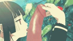 Rule 34 | 00s, 1girl, animated, animated gif, black hair, blunt bangs, enma ai, erection, fellatio, gif artifacts, hetero, hime cut, jigoku shoujo, licking, lowres, oral, penis, red eyes, screencap, solo focus, third-party edit, uncensored