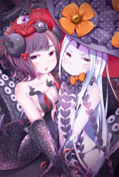 2girls abigail_williams_(fate) abigail_williams_(third_ascension)_(fate) bare_shoulders black_bow black_gloves black_hat black_panties bow breasts chestnut_mouth cleavage collarbone commentary_request elbow_gloves fate/grand_order fate_(series) gloves hair_ornament hat hat_bow highres katsushika_hokusai_(fate) katsushika_hokusai_(third_ascension)_(fate) keyhole long_hair looking_at_viewer medium_breasts multiple_girls orange_bow pale_skin panties parted_bangs parted_lips peruri_(derimono0) print_bow print_gloves purple_eyes revealing_clothes silver_hair small_breasts star_(symbol) star_print suction_cups tentacles topless underwear very_long_hair witch_hat