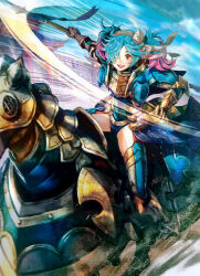 Rule 34 | 1girl, barding, blue hair, fire emblem, fire emblem cipher, fire emblem fates, highres, holding, holding polearm, holding weapon, lance, nintendo, official alternate costume, official art, peri (fire emblem), pink hair, polearm, thighs, third-party source, weapon