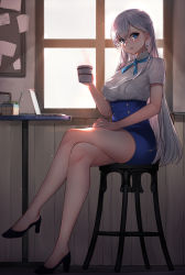 Rule 34 | 1girl, absurdres, azur lane, belfast (azur lane), blouse, blue eyes, blue footwear, blue ribbon, blue skirt, blush, braid, breasts, casual, cleavage, commentary request, computer, crossed legs, cup, day, earrings, hair between eyes, hand on own thigh, high-waist skirt, high heels, highres, holding, holding cup, indoors, jewelry, laptop, large breasts, long hair, looking at viewer, neck ribbon, pencil skirt, ribbon, see-through, shadow, shirt, short sleeves, sidelocks, silver hair, sitting, skirt, solo, stool, table, thighs, white shirt, window, yamanokami eaka