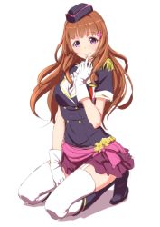 Rule 34 | 10s, 1girl, blush, boots, brown hair, clearite, epaulettes, finger in own mouth, flower, garrison cap, garter straps, gloves, hair flower, hair ornament, hand on own thigh, hat, highres, idol, kneeling, long hair, looking at viewer, love live!, love live! school idol project, purple eyes, skirt, smile, solo, thighhighs, white gloves, yuki anju