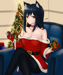 Rule 34 | 1girl, animal ears, arknights, bare shoulders, belt, black belt, black hair, black pantyhose, box, breasts, candy, chocolate, chocolate bar, choker, christmas tree, cleavage, commentary request, dress, food, gift, gift box, highres, holding, holding candy, holding food, indoors, knee up, long hair, long sleeves, looking at viewer, medium breasts, off-shoulder dress, off shoulder, pantyhose, red choker, red dress, red eyes, ryuudg, sitting, solo, texas (arknights), wolf ears