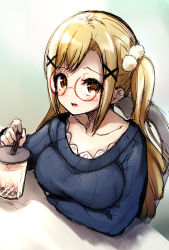 Rule 34 | 10s, 1girl, arm under breasts, bang dream!, bespectacled, blonde hair, blue sweater, blush, breasts, bubble tea, chair, collarbone, cup, drinking straw, getsuyou yasumi, glasses, hair ornament, highres, ichigaya arisa, large breasts, long hair, long sleeves, open mouth, pom pom (clothes), ribbed sweater, round eyewear, sitting, sketch, smile, solo, sweater, twintails, upper body, x hair ornament, yellow eyes